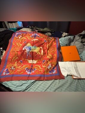 Vintage Red Hermès “Cheval Turc” Print Silk Scarf/Carre 90